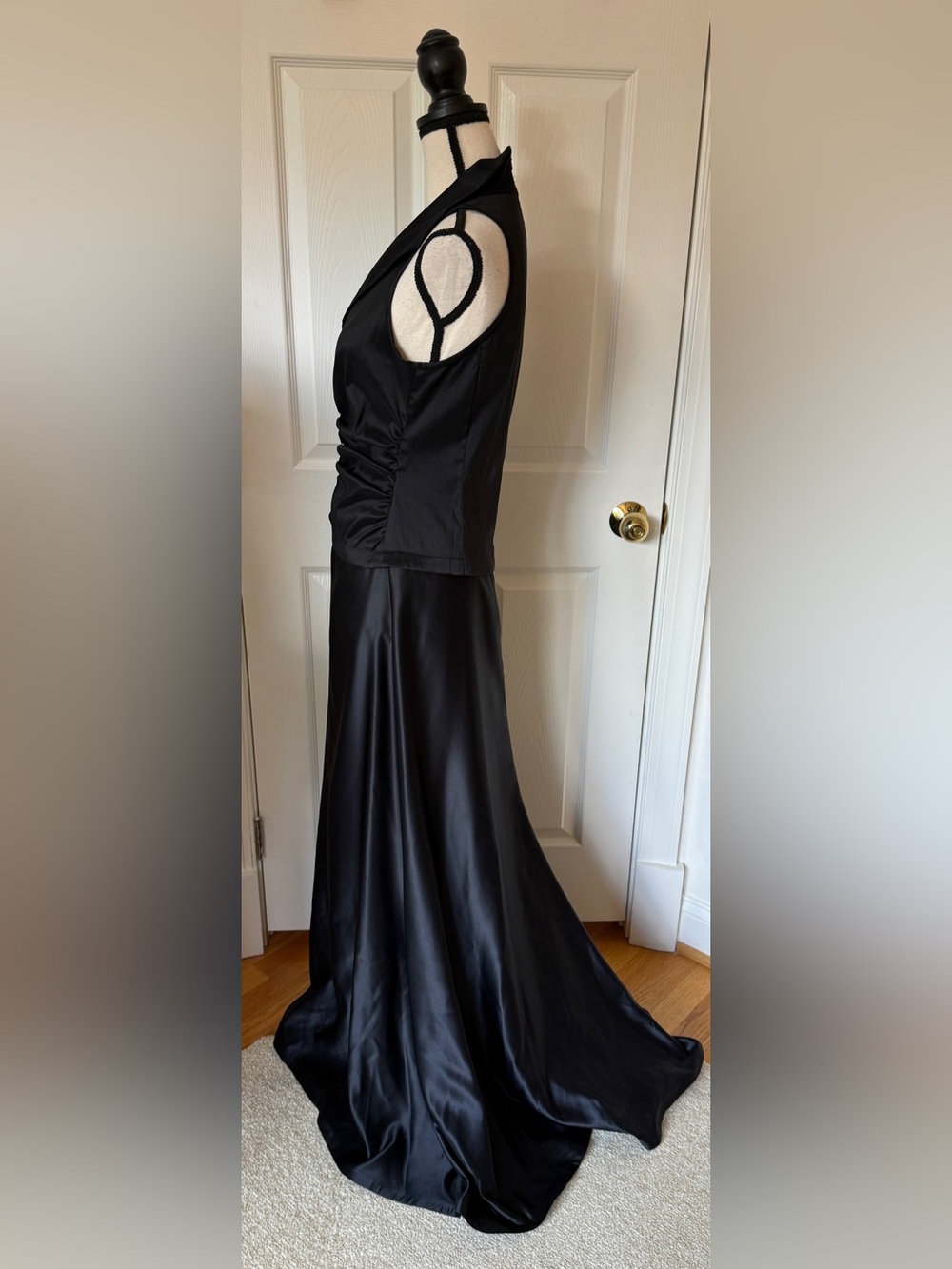 TADASHI SHOJI Black Ruched Satin Tuxedo Style Evening Gown Vintage 90s Sz 6 *EUC - Picture 2 of 11